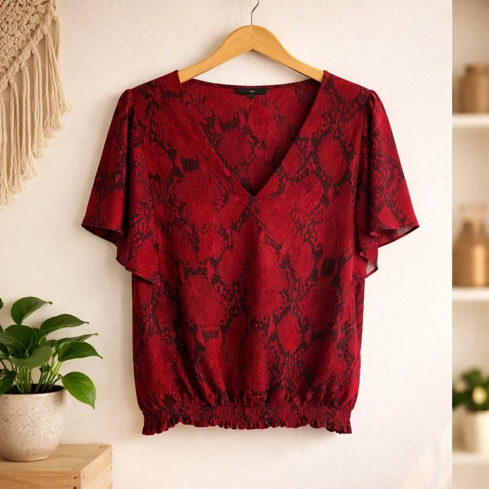 Banana Republic Red Snake-Print V-Neck Flutter Sleeve Blouse - Picture 2 of 7